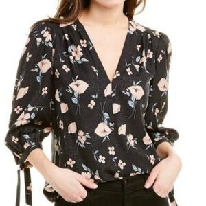 Rebecca Taylor silk black floral vneck tie sleeve blouse xs/0